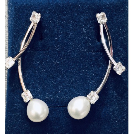 PENDIENTES ORO BLANCO LEY LARGOS PERLA  Y CIRCONITAS